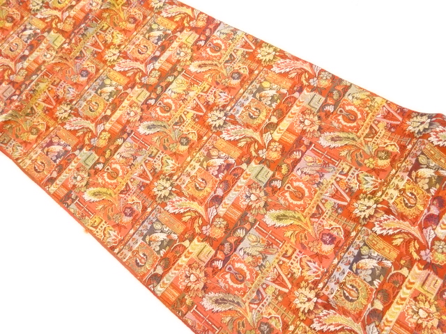 唐花に鳥模様織り出し名古屋帯